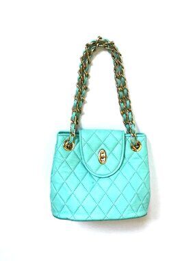 Eric Javits Quilted Liz Shoulder Tote Bag Womens Turquoise Blue Gold Leather
